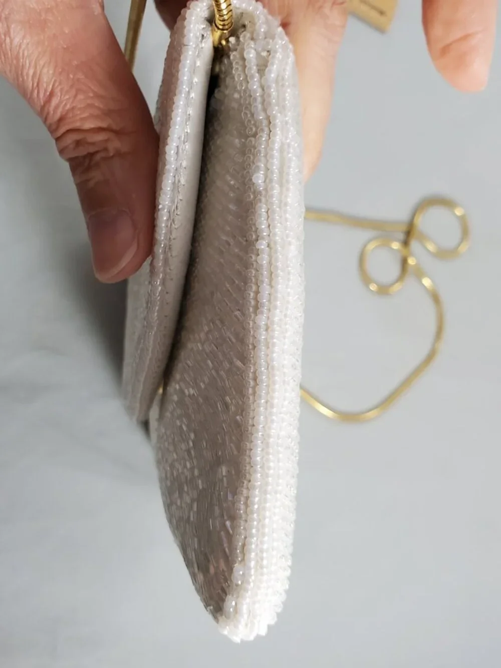 Vintage White Beaded Evening Bag Clutch Snake Chain Strap Rainbow Shimmer Beads